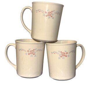 Corning USA Floral Coffee Mugs Set Of 3 - Microwave Safe 3.5" Tall White With Pi